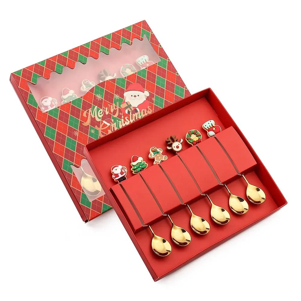 2025 Christmas Spoon and Fork Set Stainless Steel Creative Tableware Coffee Tea Dessert Spoon Spoons with Gift Box 6Pcs New