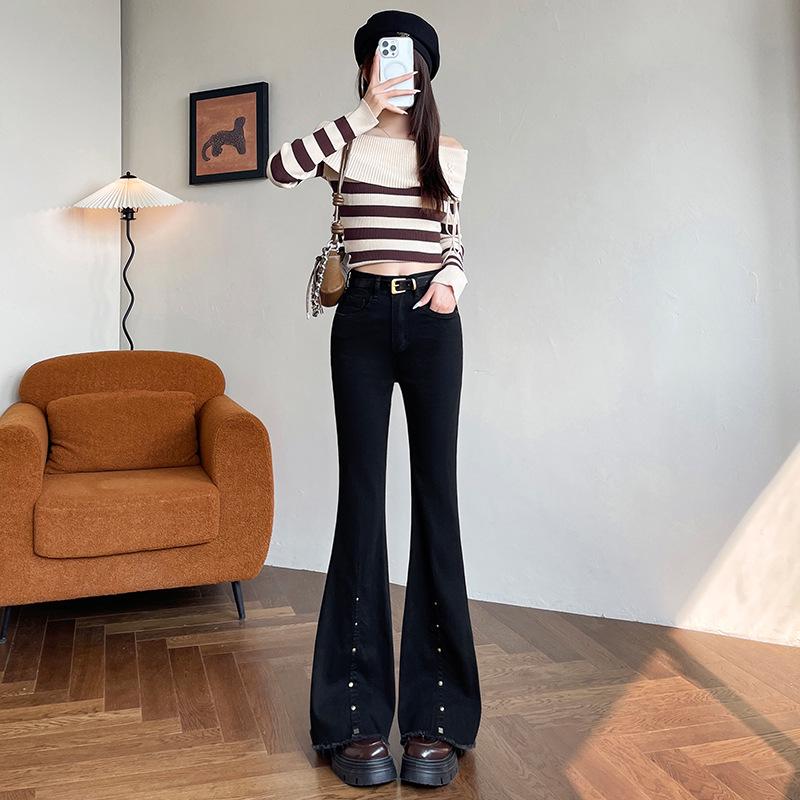 

Women s High-Waisted Stretchy Metal Detail Bell-Bottom Jeans - Slim Fit, Flattering, Micro-Flare for Spring & Autumn 2XL