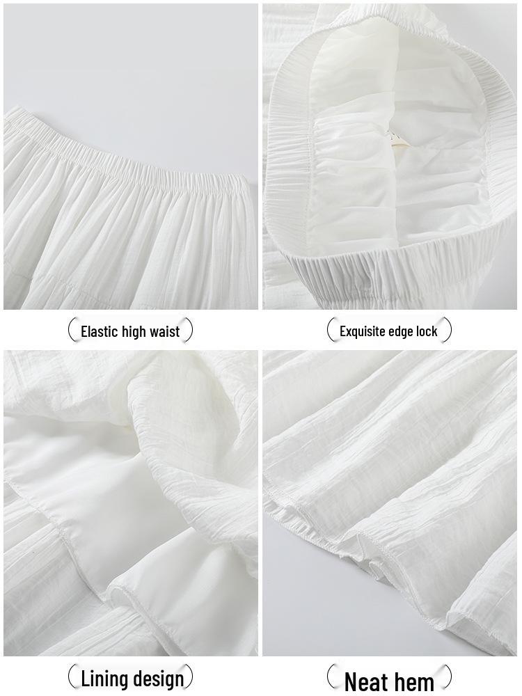 Women's White A-line Midi Skirt - 2025 Spring/Summer, Elastic High Waist, Slimming Long Fresh Style