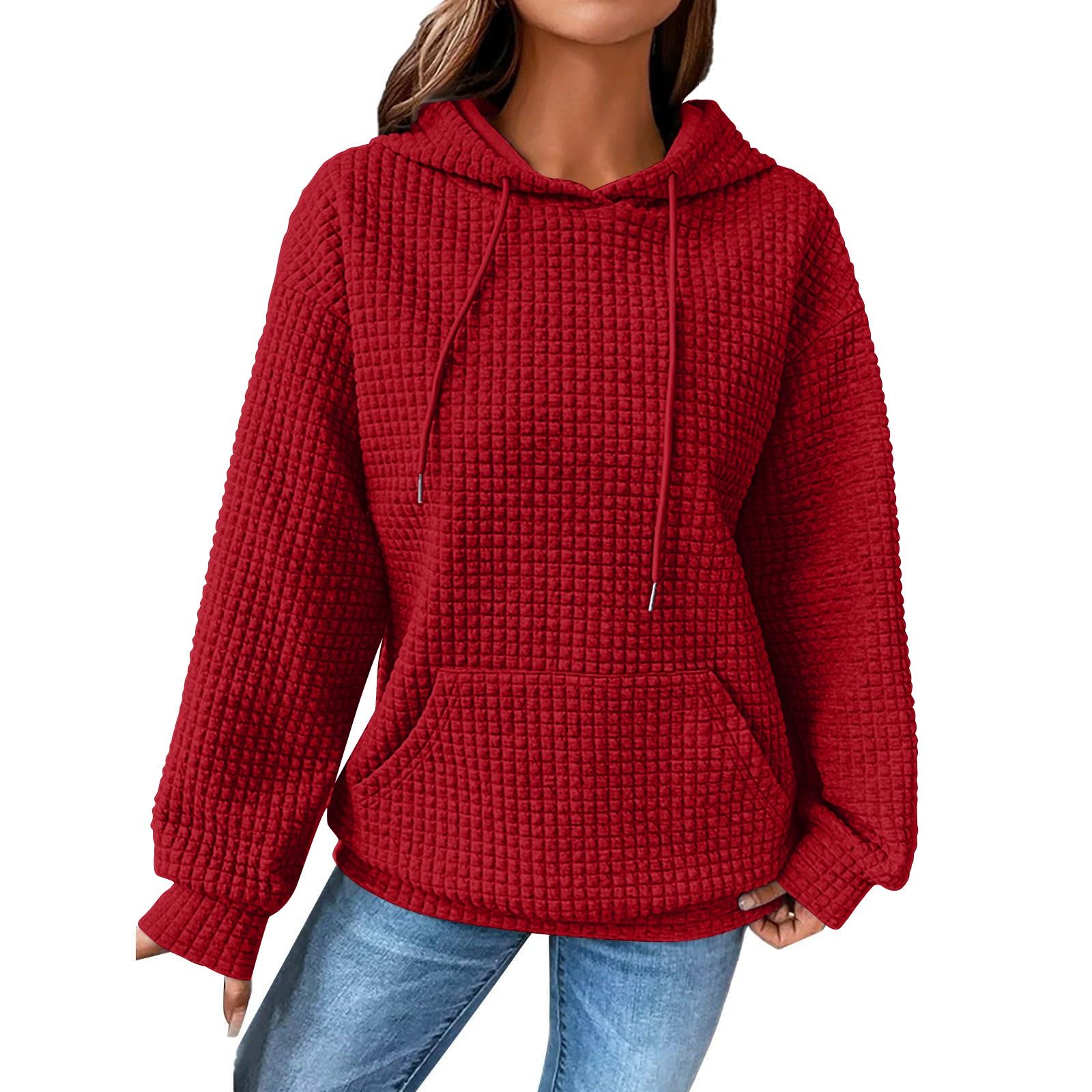 

Women s Fashion Loose Hooded Pullover Long Sleeve Patchwork Plaid Sweat Drawstring Shoulder Strap Pocket Top XL красный