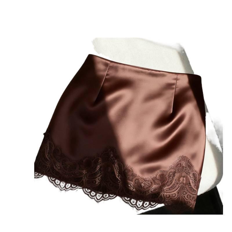 Satin Lace Patchwork Mini Skirt, High Waist Slim A-Line Skirt, Silky Glossy Side Zipper Short Skirt for Spring Summer Pure Y2K Daily Party Outfits