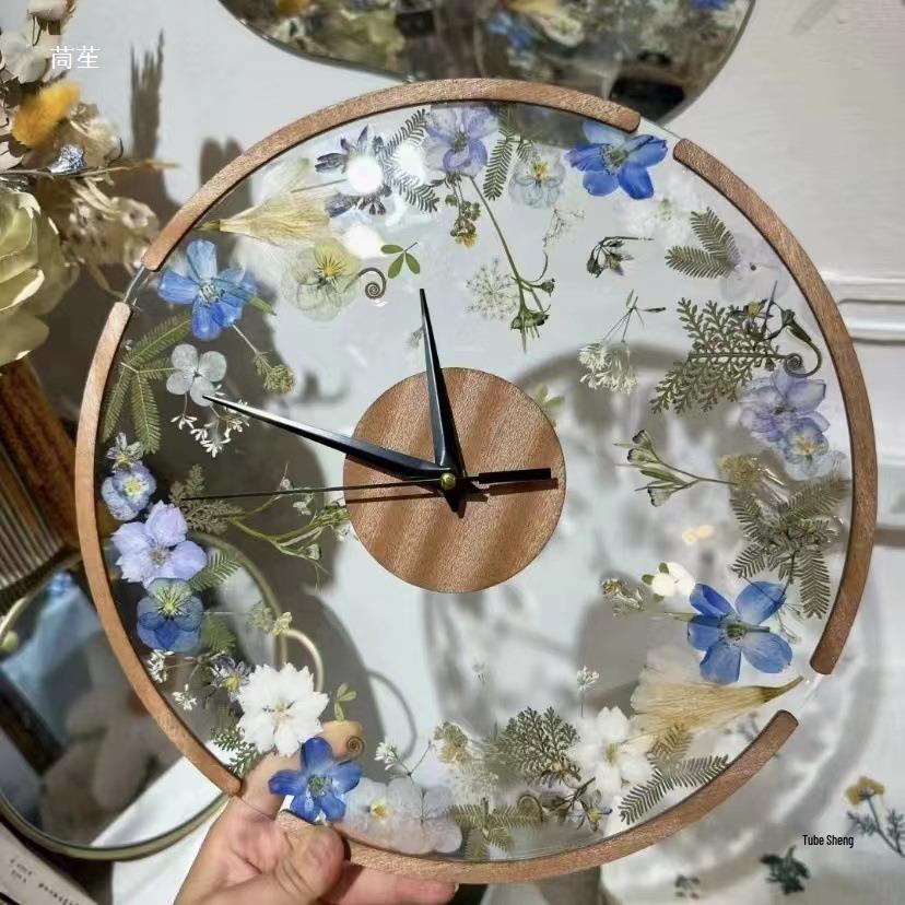 DIY Handmade Dried Flower Embossed Wall Clock with Wood Grain Border