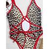 Sexy Leopard Print Hollow Out Monokini Swimsuit Woman One Piece Swimwear Red String Cross High Cut Bathing Suit Bodysuits