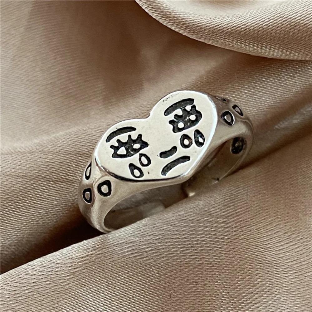 Unisex Retro Heart Crying Face Open Ring, Silver Color Punk Gothic Style, Handmade Designer Jewelry For Men Women