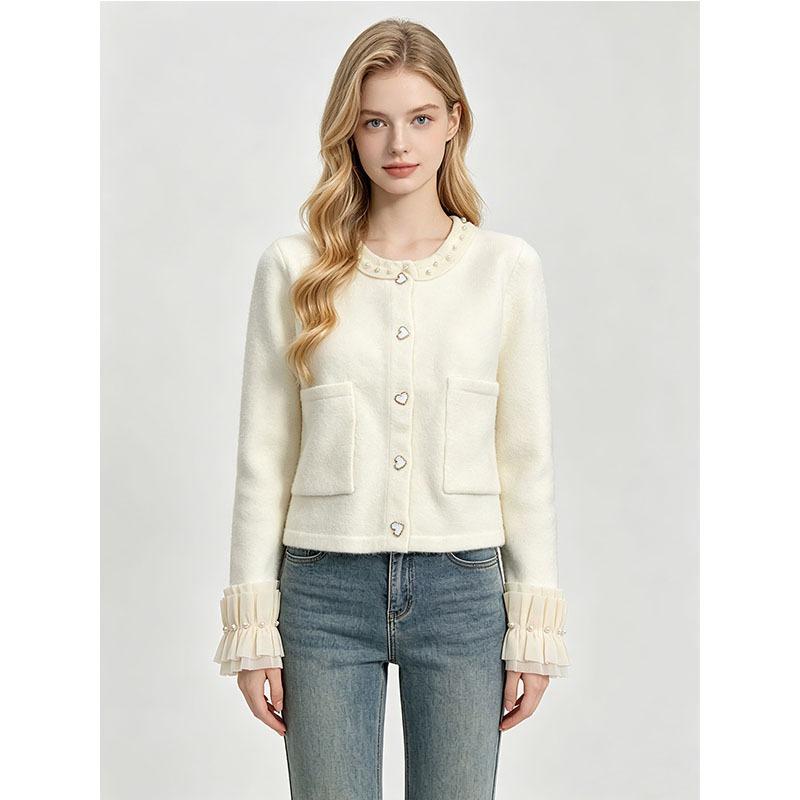 Women S Long Sleeve Knit Cardigan Ruffle Cuffs Beaded Buttons Short Style
