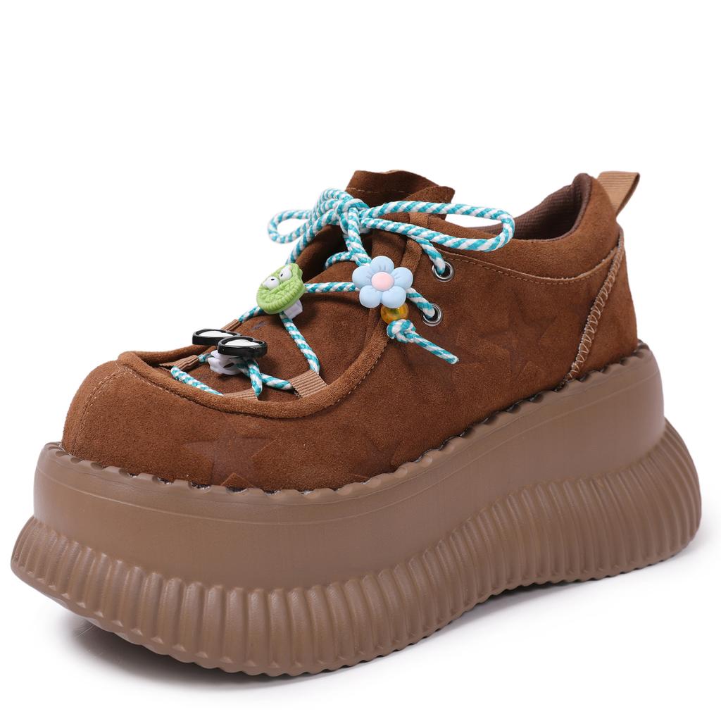 Fashion Shoes for Women's Platform Leather Shoes Retro Metal Toe Thick Sole Shoe Round Head Front Lace Up Single Shoes Zapatos De Mujer