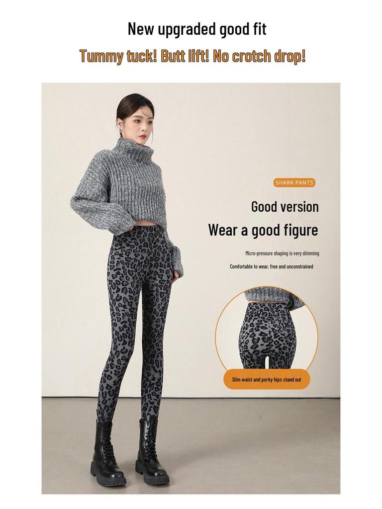 Leggings med hög midja och leopardmönster: Dambyxor för höst/vinter, smalnar av, kontrollerar magen, lyfter rumpan, med plus sammet, för yoga.