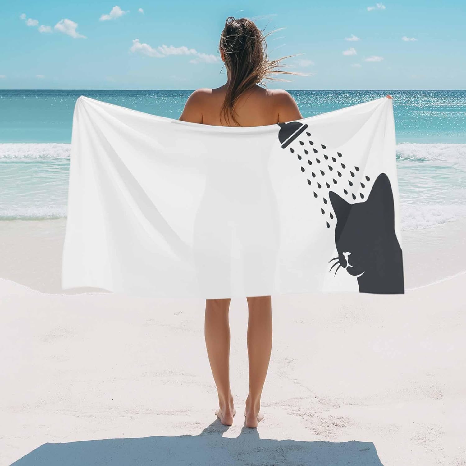 

Funny Cartoon Grey White Cat Shadow Beach Towel, Oversized Quick Dry Absorbent, Sand Free Lightweight Travel Pool Blanket Mat W30*H60(CM)