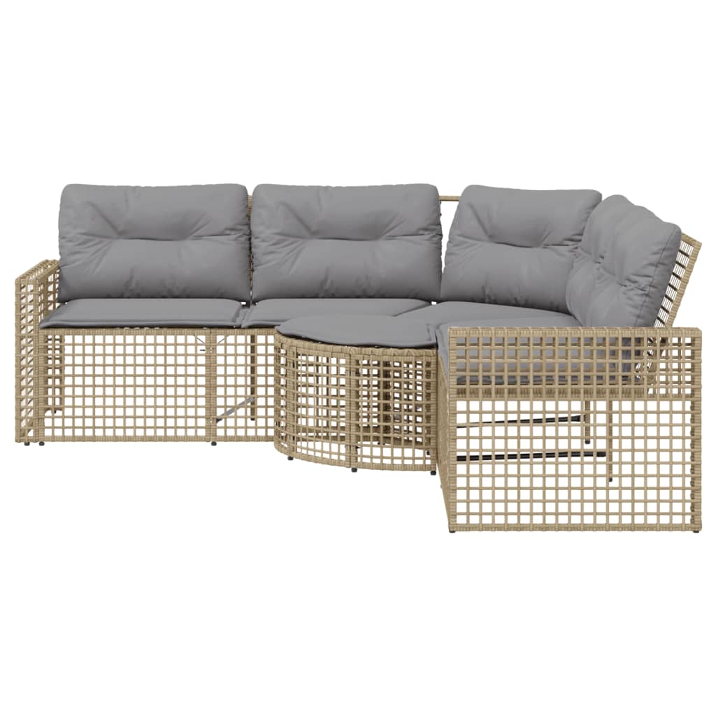 L shaped Garden Sofa with Cushions and Footstool Beige Poly Rattan