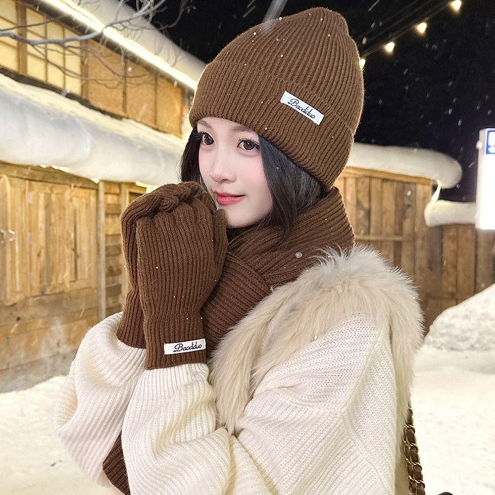 Einfarbige Thermostrickmütze Woll-Wintermütze Mützen-Schal-Handschuh-Set Damen/Herren