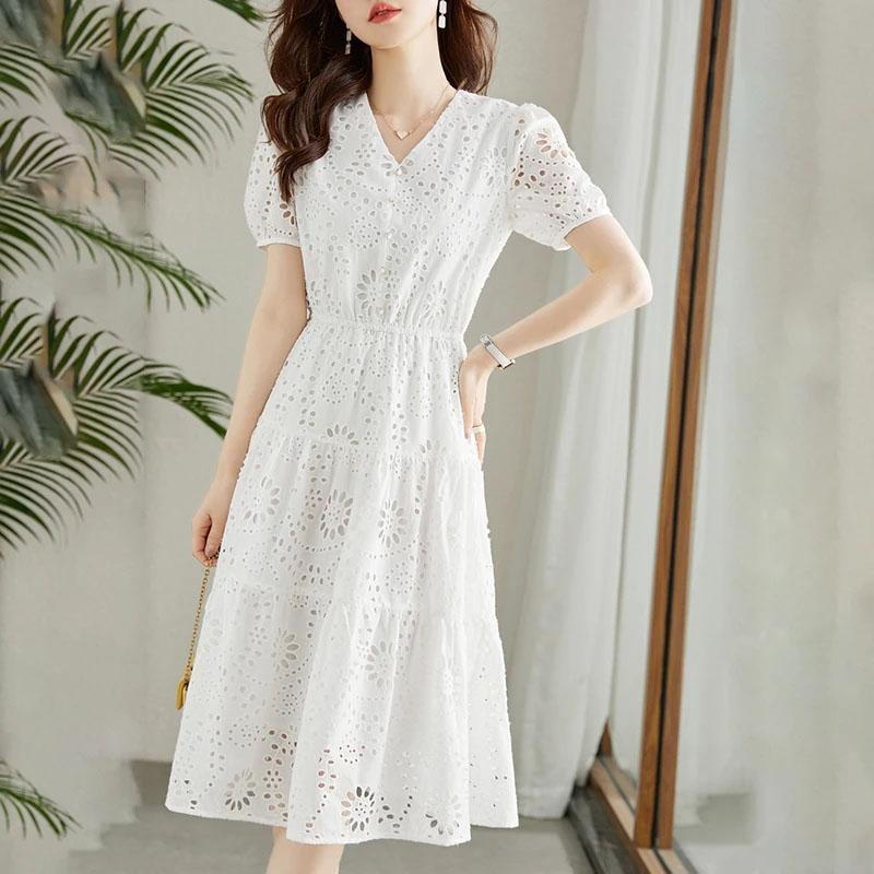 Skeleton Dress Female Summer Short-sleeved Loose V-neck French High-waisted Skirt