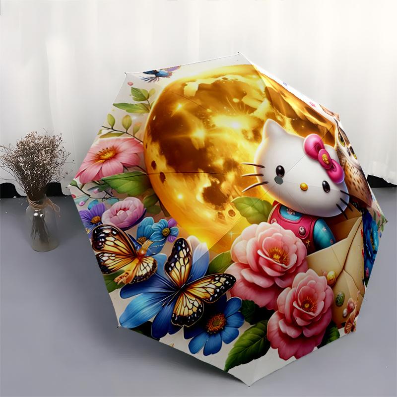 1pc Golden Moonlit Hello Kitty Automatic Opening/Closing Umbrella with Foldable Design, 8-Bone Iron Frame Outdoor Umbrella for Festive Gifts, Travel,