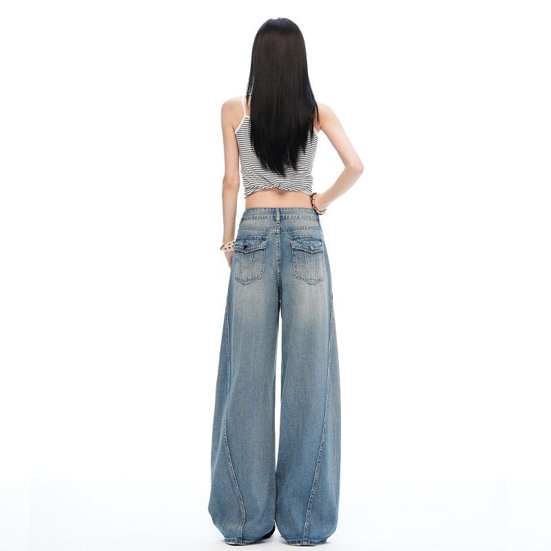 Summer Lyocell Tencel Cotton Thin Breathable Unique Pocket Drape Wide Leg Denim Pants For Women Casual Pants Oversize Denim Trousers