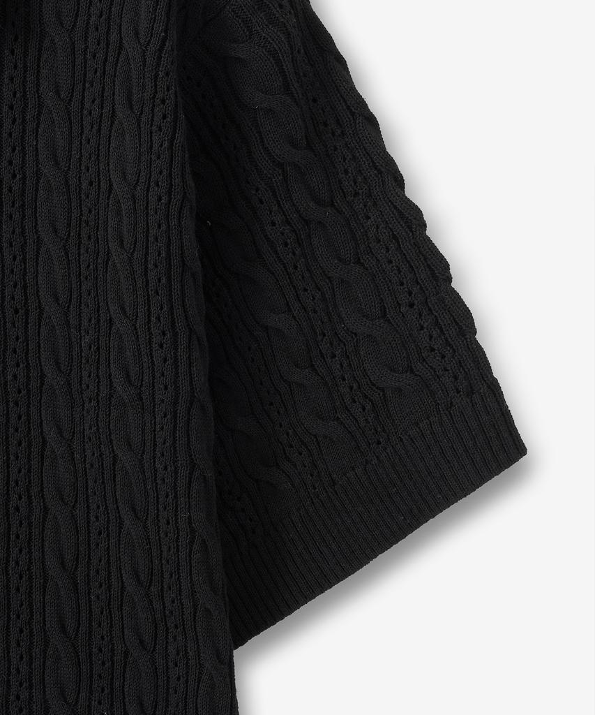 BLOND9 Crop Cable Punch Short Sleeve Collared Knit_Black
