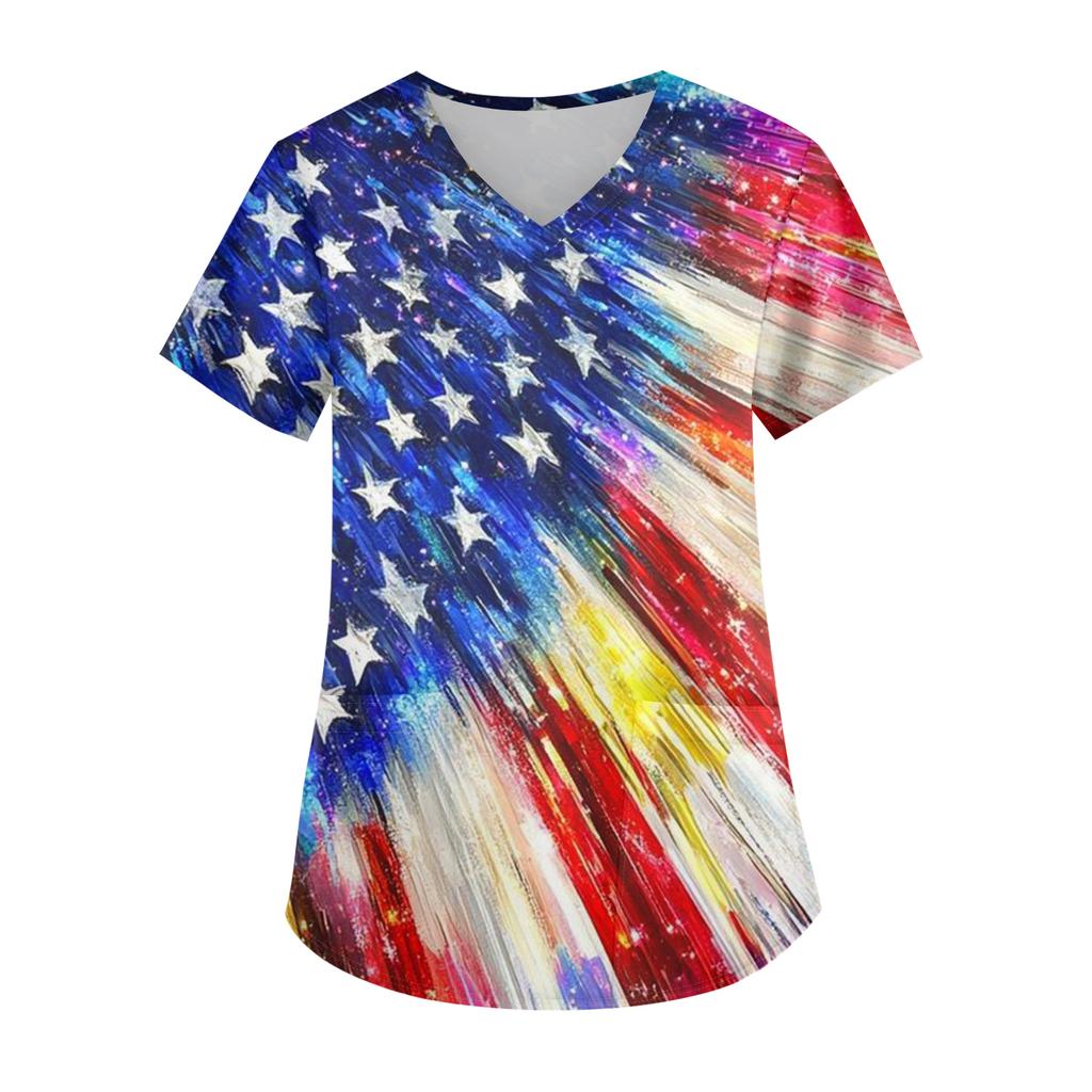 Ladies' Independence Day printed fashionable V-neck pocket short sleeved uniform and caregiver top