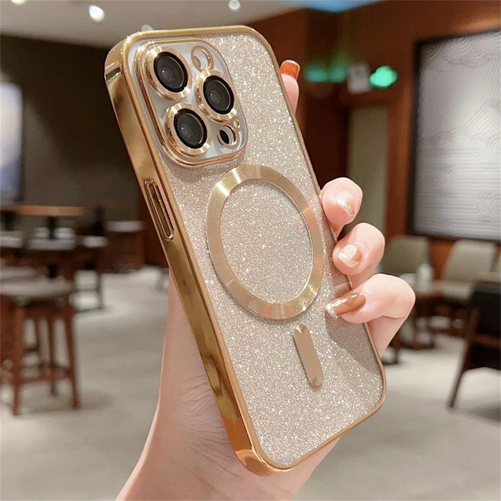 Luxury Electroplate Magsafe Wireless Charge Case for iPhone 15/14/13/12/11 Pro Max Plus – Soft Bumper Glitter Cover
