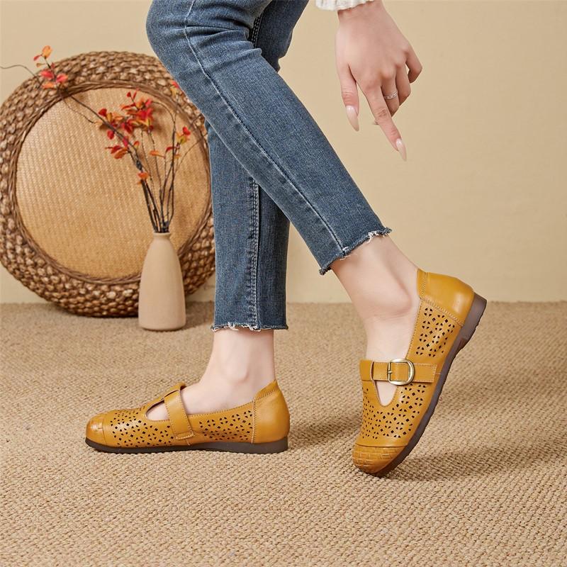 Women's Sandals Shoe Flat and Comfortable HoleHole Mary Jane Shoes Women Genuine Leather Summer Hollow Out Female Shoes
