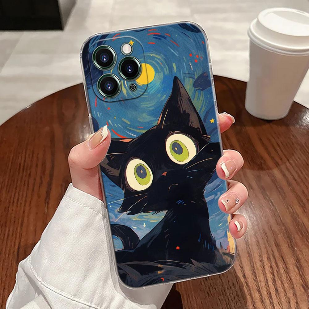 Retro Oil Painting Starry Sky Cat Case For Apple iPhone 17 16 15 14 13 12 11 Pro Max 16 Plus 16E 17Air 17Pro Phone Cover Funda