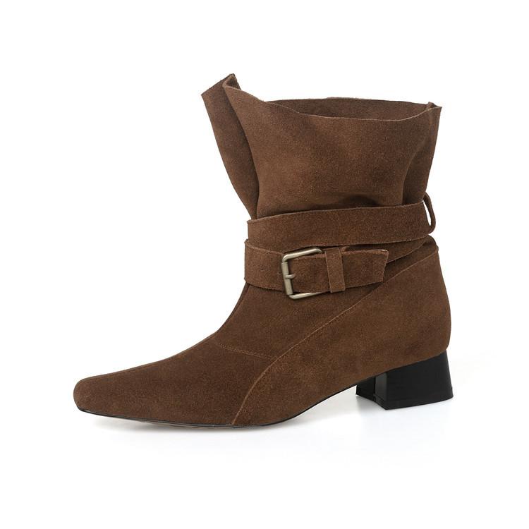 French retro polished matte cowhide short boots, foreign trade new square head and ankle thick heel belt buckle Chelsea boots