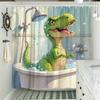 Cartoon Cute Green T-Rex Dinosaur Taking Bubble Bath In Tub Shower Water Tile Print Shower Curtain Waterproof Mildew Resistant P