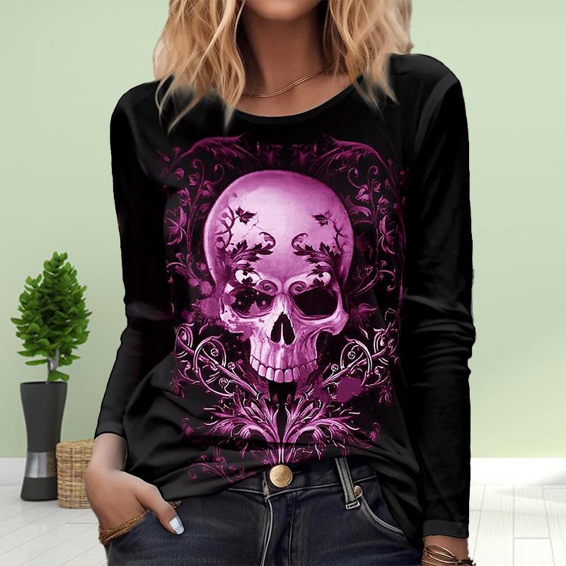 

Жіночі осінні топи з жахливим принтом черепа, повсякденна футболка з довгим рукавом, блузка 8XL фіолетовий