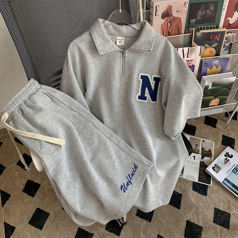 

Женский вафельный спортивный костюм унисекс, летняя рубашка с короткими рукавами в гонконгском стиле + корейские шорты, повседневный комплект из двух предметов S серый