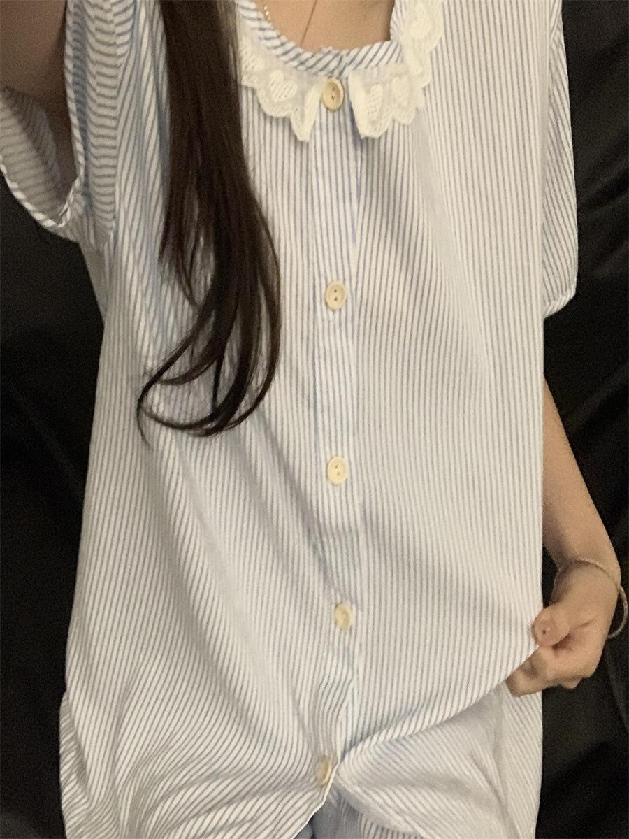 Internet celebrity new blue strip small fragrant pajamas women s summer short-sleeved shorts lace edge two women s casual loungewear S