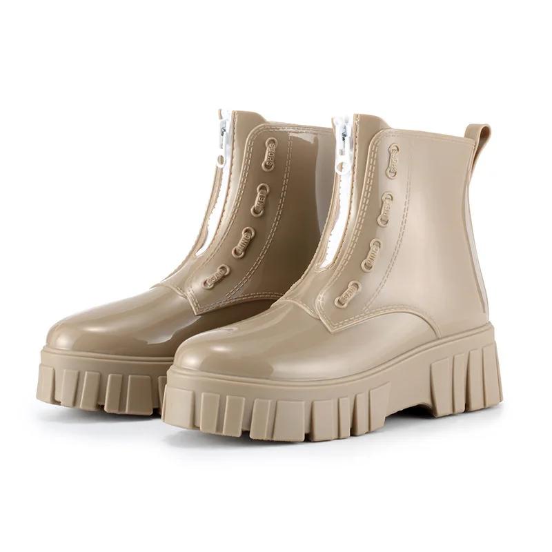 Fashion Mid Tube High Top Motorcycle Rain Boots  Women's Anti Slip and Wear-resistant Rain Shoes  Women Fashion Punk Thick Soled Shoes