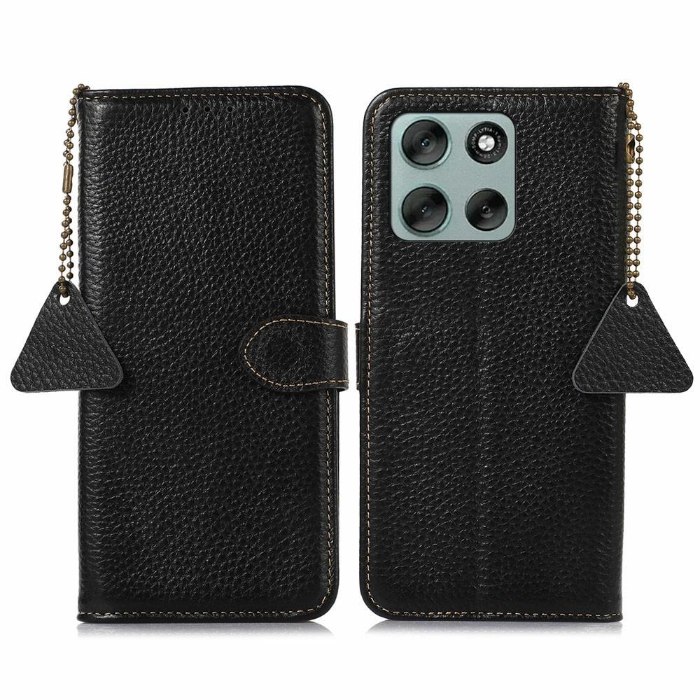 For Motorola Moto G56 5G Case RFID Blocking Genuine Cow Leather Phone Cover Litchi Texture