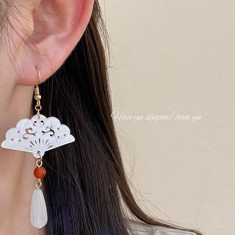 Pendientes Retro Chinos con Forma de Abanico Imitación Jade con Colgantes de Gota de Agua