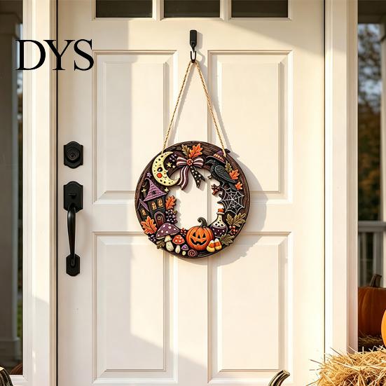 Halloween Theme Party Supplies Wooden Hollow Round Hanging Sign, Pumpkin Spider Web Haunted Ghost Bat Ornaments House Ornament with Hemp Rope, Festive