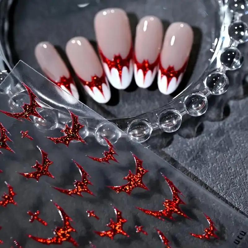 1sheet Halloween Dazzling Laser Gothic Dark Bat Cross Adhesive Nail Art Stickers Decals Manicure Shiny Red Silver Black Charms