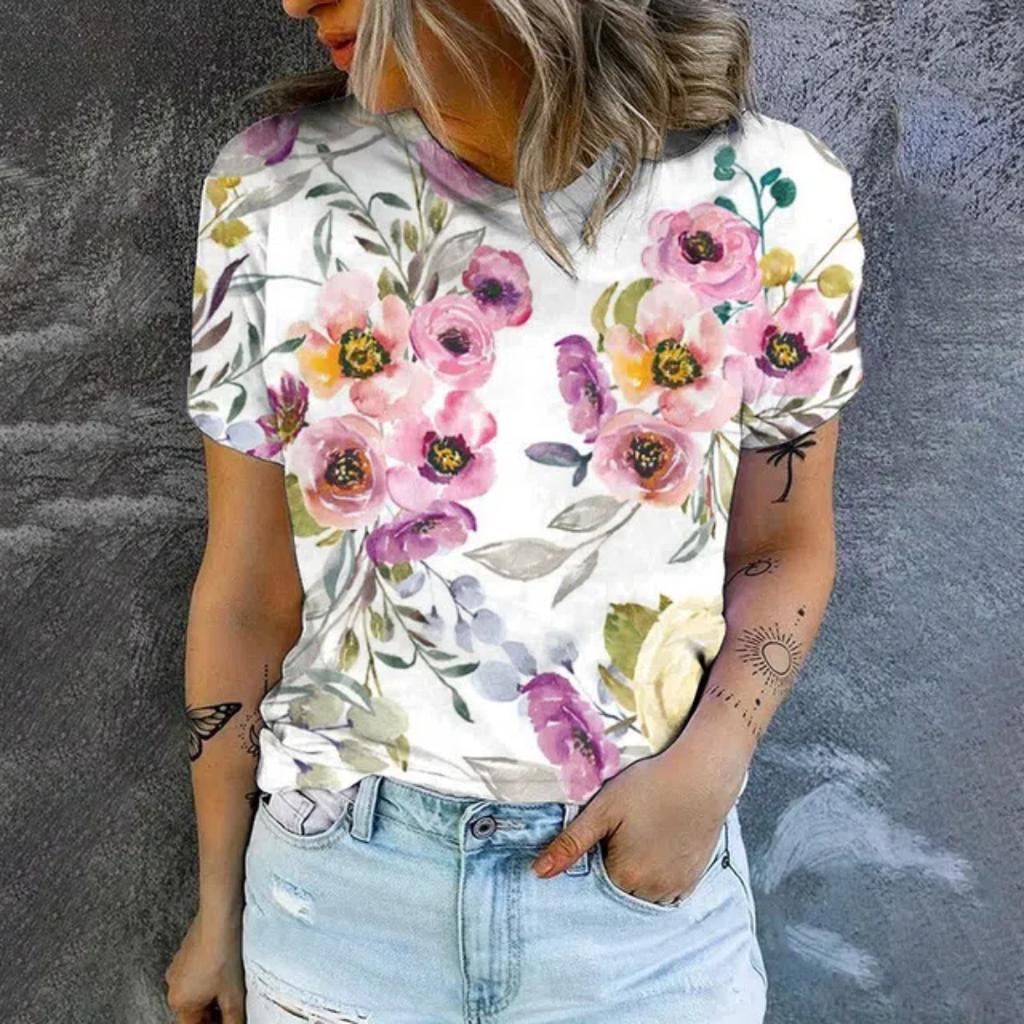 Summer Leisure 3D Print Women's T-shirt Retro Flower Pattern Fashion T-shirt Elegant Women's Short Sleeved