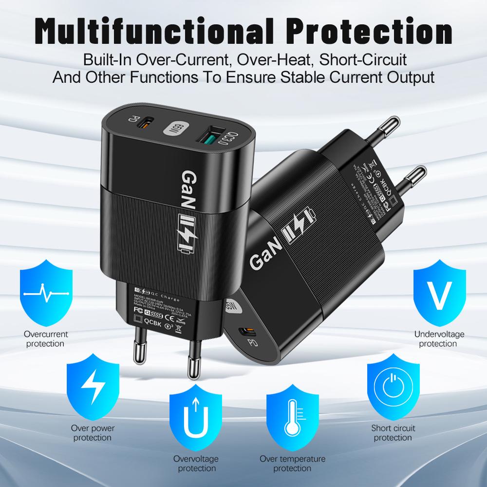 65W Gallium Nitride (GaN) PD Fast Charger with EU/US/UK Adapter for Phones & Computers