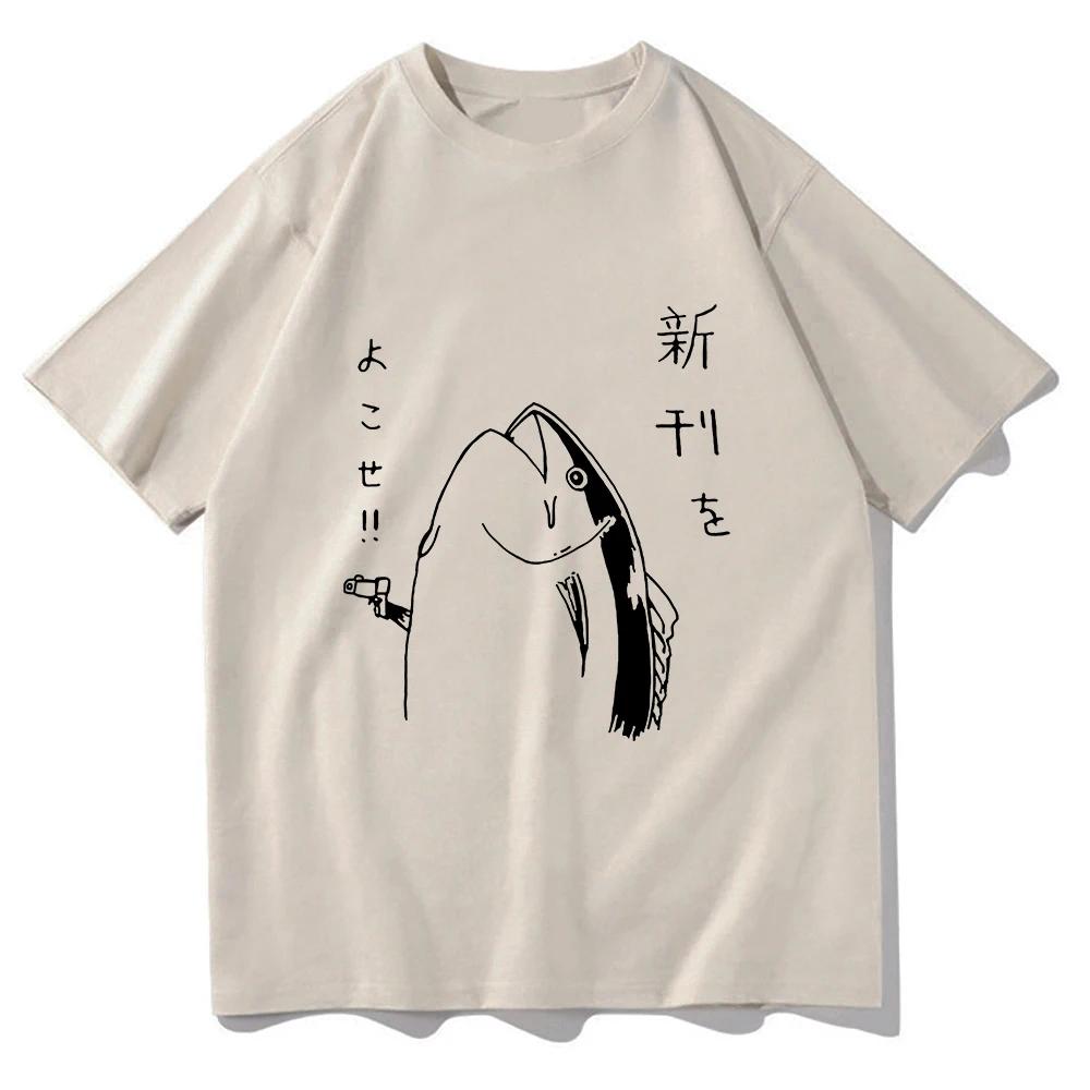 Funny Japanese Fish With Gun Tshirt 2025 Men/women Clothing Harajuku Kawaii Clothes Summer Tops Unisex Cotton Graphic T Shirts