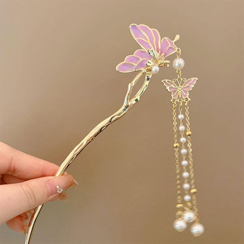 Rosa Blume Haarstäbe Gabeln Retro Chinesischer Stil Legierung Haarnadeln Seitenclips Kette Quaste Perlen Anhänger Dekor Frauen Haarschmuck