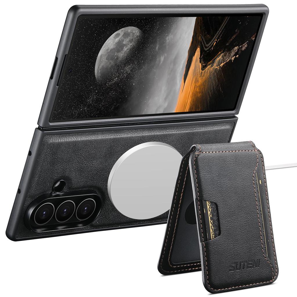 SUTENI M3 For Samsung Galaxy Z Fold7 5G Magnetic Case Cowhide Texture Leather Back Cover with Card Bag Kickstand