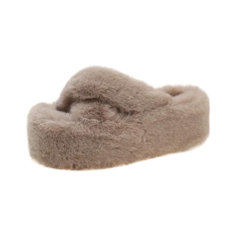 Woman Furry Ladies Faux Fur Luxury Fluffy Plush Slipper House Soft Fuzzy Girl Platform Indoor Flat Casual Sabot Round Toe Winter