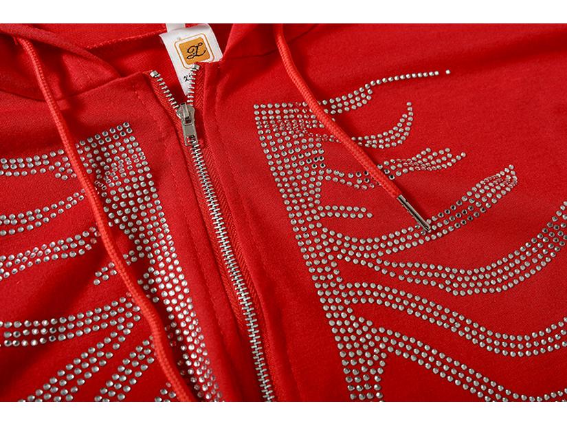 Rhinestone Zipper Hooded Sweatshirt: Streetwear Casual Style, Solid Color, Loose Fit.