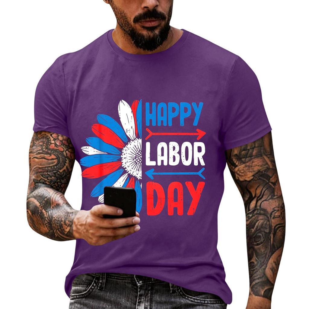 Men's Casual Loose Fit Short Sleeve T-Shirt Crew Neck Printed Graphic Tee for Labor Day Celebration Comfortable Everyday Wear