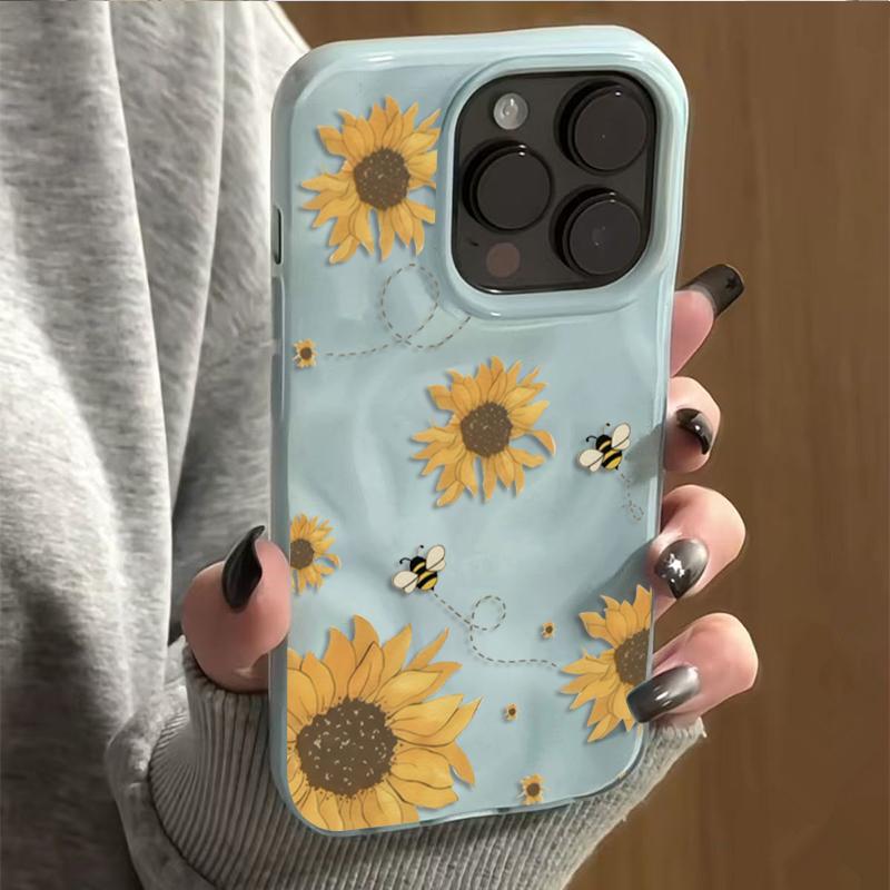 Sunflower Bee Illustration Pattern Phone Case for Iphone 17 Air 16 16e 15plus 14 13 12 11 Pro Max Simple Wrinkled Texture Cover