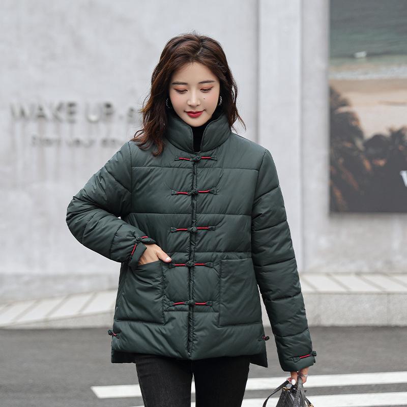 2026 Short Cotton Jacket Stand Collar Fashion Women s Down Cotton Jacket Loose Buckle Padded Jacket M темно-зеленого