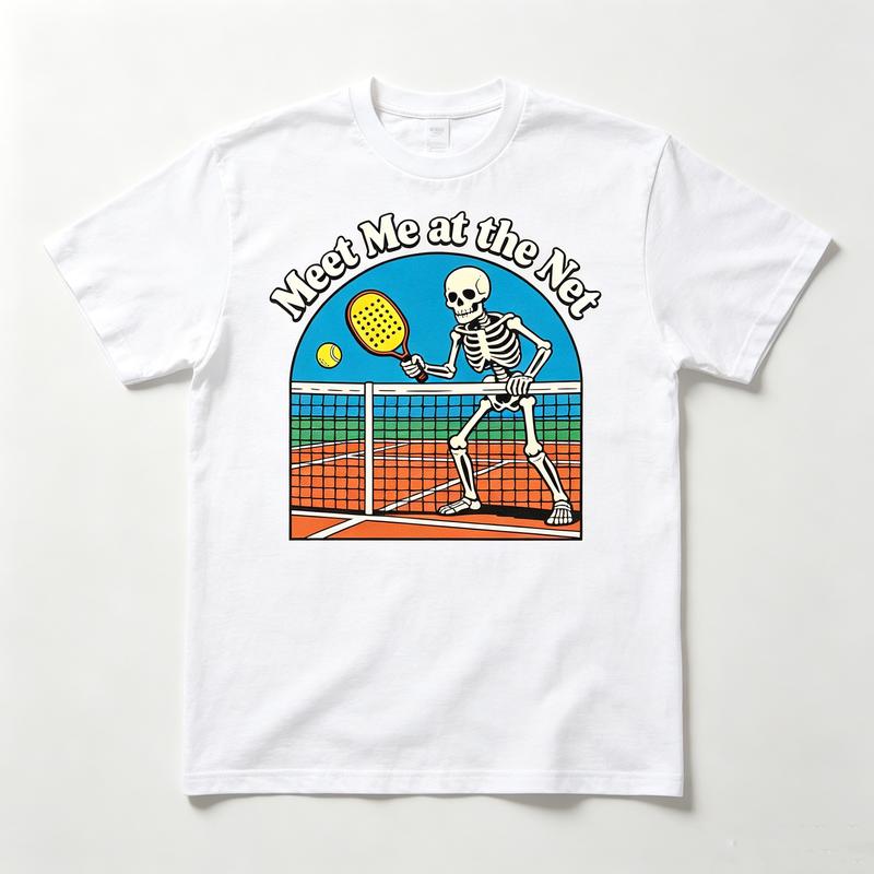 Meet Me at the Net Skeleton Pickleball TShirt Funny Sport Racket Graphic Tee Casual Short Sleeve Shirt Streetwear Player Lover