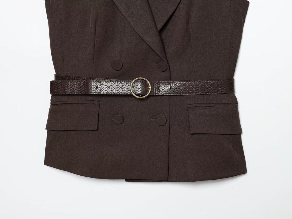 European & American Women's Early Autumn Fashion: Casual Belted Vest & High Waist Straight-Leg Pants Set
