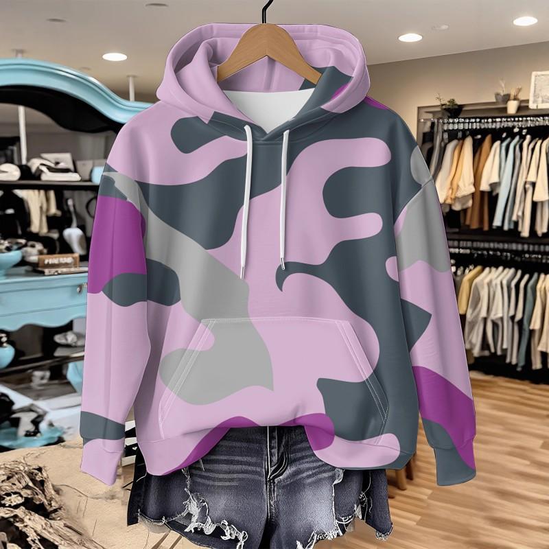 Womens Relaxed Fit Hooded Long Sleeve Sweatshirt With 3D Floral Plaid Print Breathable Comfort Casual Top