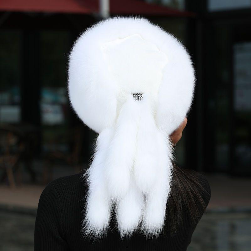 

Шапка з лисячого хутра Жіноча Зимова Норкове хутро Національний стиль Монгольська шапка Навушники з натуральної шкіри Лижна шапка S（54-56cm）
