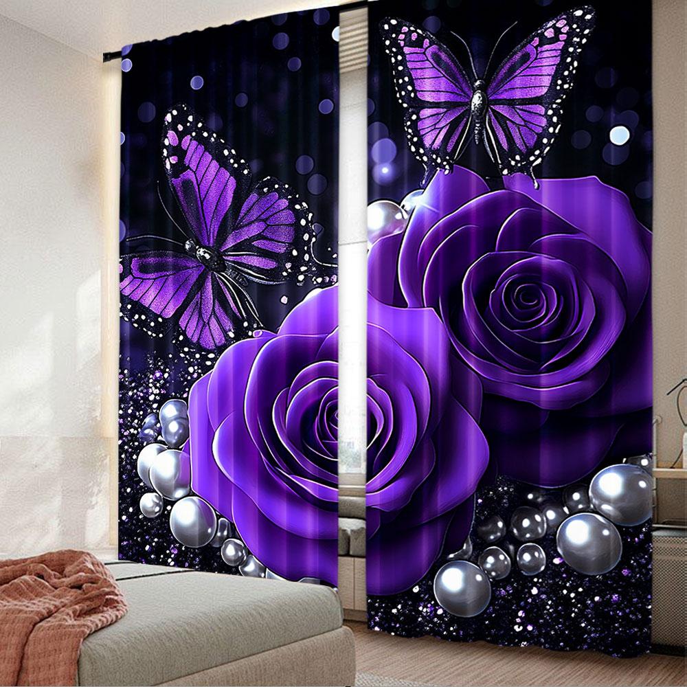 

2 шт. Фиолетовые розы Шторы Бабочки Цветы Романтические Шторы на День святого Валентина Взрослые Рождественский декор Звездное небо Галактика Мечтательные 29x65in(75x166cm)