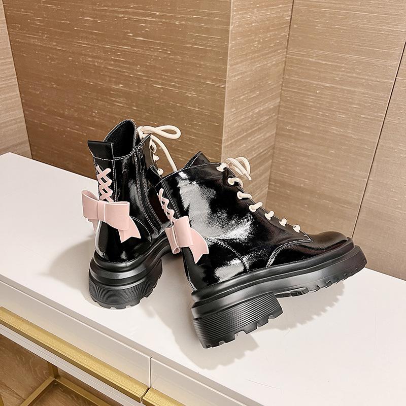 Boots For Women With Pink Bow Contrast Color Patent Leather Biker British Style Platform Ankle Boots Non-slip Thick Sole Shoes