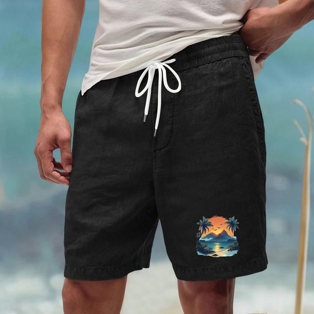 Men’s Casual Loose Fit Drawstring Waist Shorts with Hawaiian Beach Print Relaxed Linen Blend Summer Athletic Pants