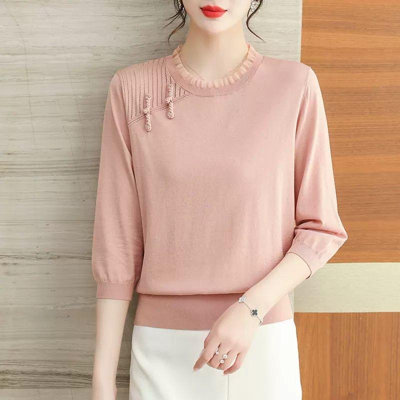 Seven Inch Ice Silk Knitted Shirt with Middle Sleeve Spring and Summer Thin Loose Mom Chinese Style Buckle Lace Top